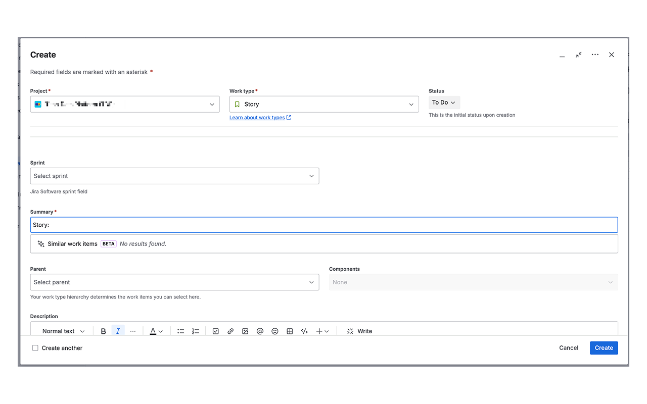 BettJira filling a new Jira issue with a template