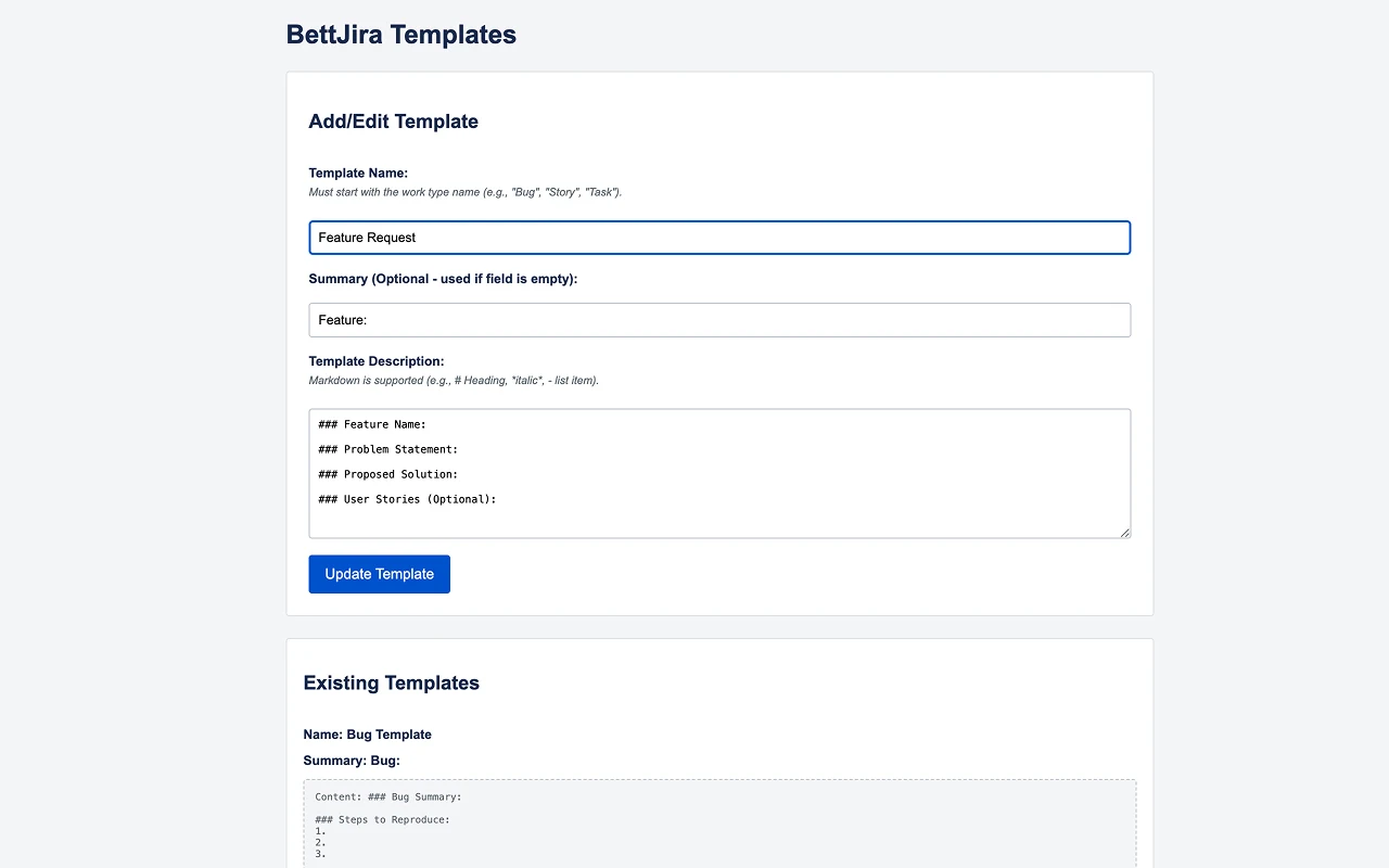 BettJira template options page
