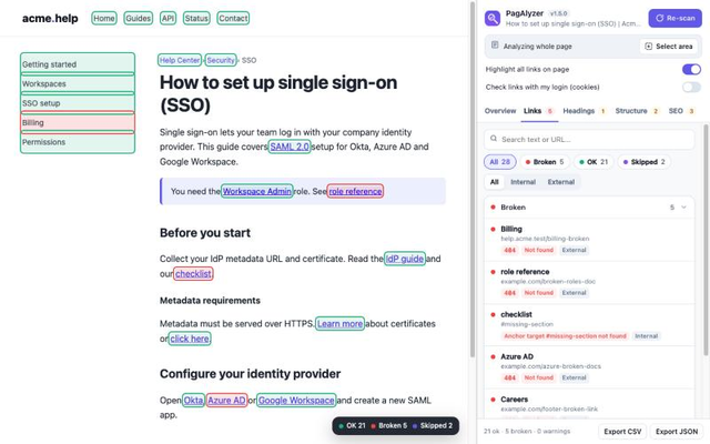 PagAlyzer highlighting every link on the page as OK or broken